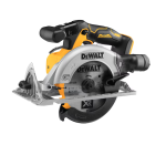 A yellow and black DEWALT cordless circular saw with a 18V motor, an adjustable bevel plate, and a blade guard, for ripping and cross-cutting timber.