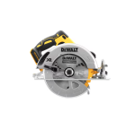 A yellow and black DEWALT cordless circular saw with a 18V motor, an adjustable bevel plate, and a blade guard, for ripping and cross-cutting timber.