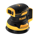 A yellow and black DEWALT cordless orbital sander with a 18V motor and a dust extraction bag, for surface preparation and finishing work.