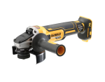 A yellow and black DEWALT cordless angle grinder with a 18V motor, a side handle, and a wheel guard, for grinding, cutting, and surface preparation.