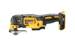 A yellow and black DEWALT cordless multi-tool with 18V oscillating action and a universal blade mount, for sanding, cutting, and scraping.