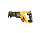 A yellow and black DEWALT cordless reciprocating saw with 18V variable speed and a quick-release blade clamp, for demolition and rough cutting.