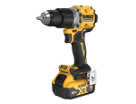 A yellow and black DEWALT cordless combi drill with an 18V motor, a 13mm keyless chuck, and hammer, drill, and screwdriver modes.