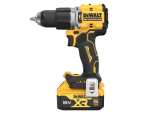 A yellow and black DEWALT cordless combi drill with an 18V motor, a 13mm keyless chuck, and hammer, drill, and screwdriver modes.