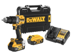 A yellow and black DEWALT cordless combi drill with an 18V motor, a 13mm keyless chuck, and hammer, drill, and screwdriver modes.
