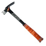 A framing hammer with a waffle-textured steel head, a straight rip claw, and a long steel-handled handle, designed for heavy-duty structural carpentry.