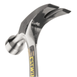 A claw hammer with a steel-handled handle and a polished steel head featuring a straight claw for nail removal and a flat striking face.,
