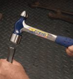 A ball pein hammer with a flat striking face and a hemispherical pein, used in metalworking for riveting and shaping.