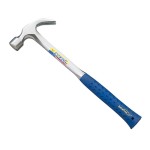 A claw hammer with a steel-handled handle and a polished steel head featuring a curved claw for nail removal and a flat striking face.,