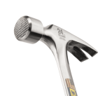 A claw hammer with a steel-handled handle and a polished steel head featuring a curved claw for nail removal and a flat striking face.,