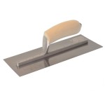 A trowel with a polished steel blade and an ergonomic handle, for applying and finishing mortar, plaster, and adhesive.