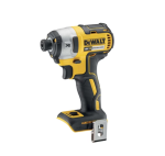 A yellow and black DEWALT cordless impact driver with a 18V motor, a hex-chuck, and variable speed, for high-torque screw driving and fastening.