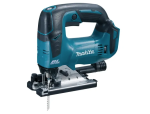 A teal and black Makita cordless jigsaw with 18V orbital action and a variable-speed trigger, for cutting curves and internal shapes.