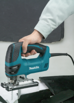 A teal and black Makita corded jigsaw with 240V orbital action and a variable-speed trigger, for cutting curves and internal shapes.