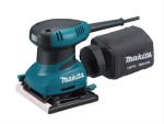 A teal and black Makita corded orbital sander with a 110V motor and a dust extraction bag, for surface preparation and finishing work.