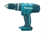 A teal and black Makita cordless combi drill with a 13mm keyless chuck, and hammer, drill, and screwdriver modes.