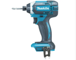 A teal and black Makita cordless impact driver with a 18V motor, a hex-chuck, and variable speed, for high-torque screw driving and fastening.