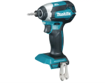 A teal and black Makita cordless impact driver with a 18V motor, a hex-chuck, and variable speed, for high-torque screw driving and fastening.