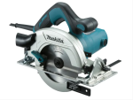 A teal and black Makita corded circular saw with a 110V motor, an adjustable bevel plate, and a blade guard, for ripping and cross-cutting timber.