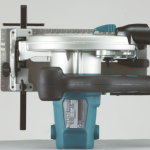 A teal and black Makita corded circular saw with a 110V motor, an adjustable bevel plate, and a blade guard, for ripping and cross-cutting timber.
