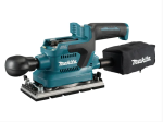 A teal and black Makita cordless orbital sander with a dust extraction bag, for surface preparation and finishing work.