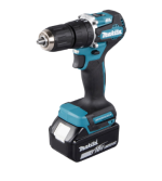 A teal and black Makita cordless combi drill with an 18V motor, a 13mm keyless chuck, and hammer, drill, and screwdriver modes.