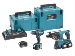 A teal and black Makita cordless combi drill with an 18V motor, a 13mm keyless chuck, and hammer, drill, and screwdriver modes.