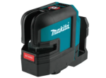 A teal and black Makita self-levelling laser level projecting horizontal and vertical lines, for precision alignment and setting-out work.