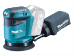 A teal and black Makita cordless orbital sander with a 18V motor and a dust extraction bag, for surface preparation and finishing work.