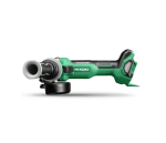A green and black HiKOKI cordless angle grinder with a 18V motor, a side handle, and a wheel guard, for grinding, cutting, and surface preparation.