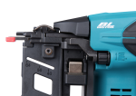 A teal and black Makita cordless nail gun with 18V a magazine feed and safety tip, for driving nails quickly in timber framing and carpentry.