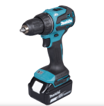 A teal and black Makita cordless drill driver with 18V a keyless chuck and variable-speed trigger, for drilling and screw driving.