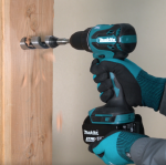A teal and black Makita cordless drill driver with 18V a keyless chuck and variable-speed trigger, for drilling and screw driving.