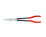 A pair of long-nose pliers with narrow tapered jaws and a side-wire cutter, for working in confined spaces.