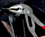 A pair of pliers with hardened steel jaws and insulated handles, for gripping and bending work.