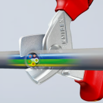 A pair of pliers with hardened steel jaws and insulated handles, for gripping and bending work.