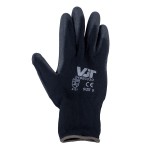A pair of black work gloves with a textured grip palm and adjustable wrist closure, designed for general site use.