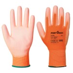 A pair of orange work gloves with a textured grip palm and adjustable wrist closure, designed for general site use.