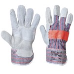 A pair of grey leather work gloves with a reinforced palm and adjustable wrist strap, offering durable hand protection.