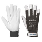 A pair of black leather work gloves with a reinforced palm and adjustable wrist strap, offering durable hand protection.
