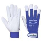 A pair of blue leather work gloves with a reinforced palm and adjustable wrist strap, offering durable hand protection.