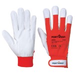 A pair of red leather work gloves with a reinforced palm and adjustable wrist strap, offering durable hand protection.