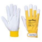 A pair of yellow leather work gloves with a reinforced palm and adjustable wrist strap, offering durable hand protection.