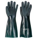A green workwear garment designed for use on construction sites and in industrial work environments.,