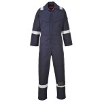 A navy blue coverall featuring flame-resistant fabric, suitable for a wide range of outdoor and site work applications.