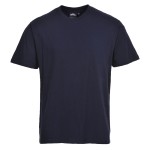 A navy blue work shirt designed for use on construction sites and in industrial work environments.,