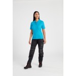 A women's polo shirt designed for use on construction sites and in industrial work environments.,