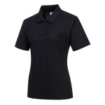 A women's black polo shirt designed for use on construction sites and in industrial work environments.,