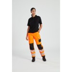 A women's black polo shirt designed for use on construction sites and in industrial work environments.,