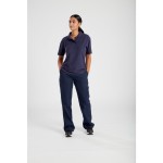 A women's navy blue polo shirt designed for use on construction sites and in industrial work environments.,